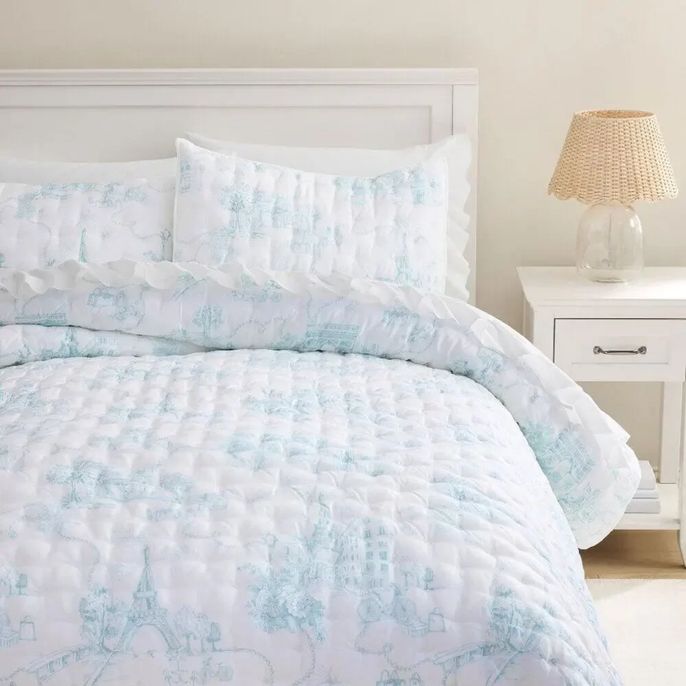 Pottery Barn Amelia In Paris Toile Quilt Full Queen Ivory Blue Eiffel Tower NEW